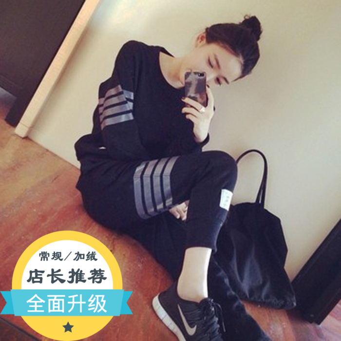 运动服女款2019春秋套装宽松显瘦长袖休闲圆领纯棉加绒卫衣学生潮