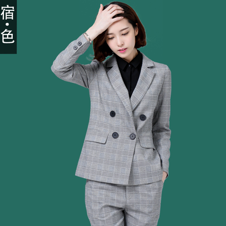 宿·色女装秋季新款韩版双排扣格子时尚西装 休闲OL西服外套商品大图