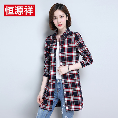 恒源祥2018春秋新款女式衬衫纯棉格子休闲修身衬衣中长款加厚上衣商品大图