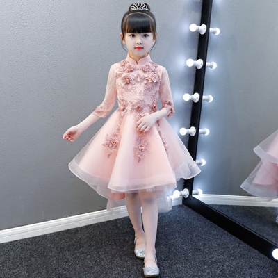 中国风女童婚纱蓬蓬纱拖尾小孩儿童生日礼服公主裙花童钢琴演出服