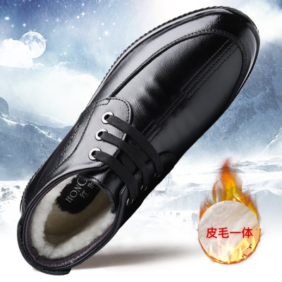 冬季男士棉鞋休闲鞋真皮羊皮毛一体加绒保暖高帮中老年人男鞋皮鞋