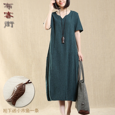 布客街夏装布衣文艺提花中老年大码女装长裙 短袖棉麻连衣裙8508
