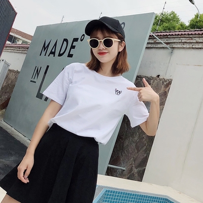 2018新款短袖女T恤白色夏装圆领刺绣上衣ins明星同款纯棉打底衫潮