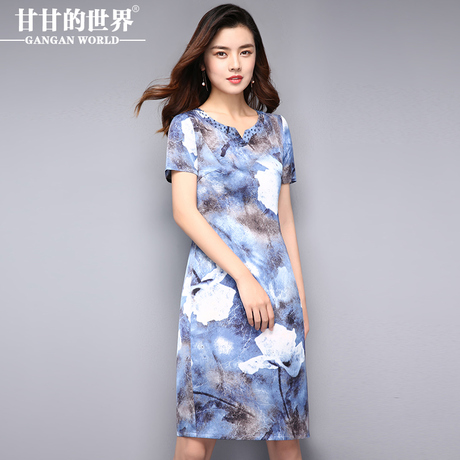 女夏装2018新款甘甘的世界中长款大码女装圆领精美烫钻连衣商品大图