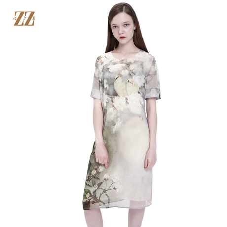 佐尔美2017夏季女装印花绣花桑蚕丝真丝修身显瘦连衣裙E72LS35商品大图