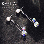 Kaila水晶恋人耳环女 极光方糖淡水珍珠奥地利水晶一款 韩版 两戴饰