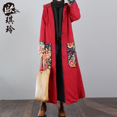 冬季加厚棉服外套女文艺中长款大码连帽保暖大口袋民族风棉麻棉衣