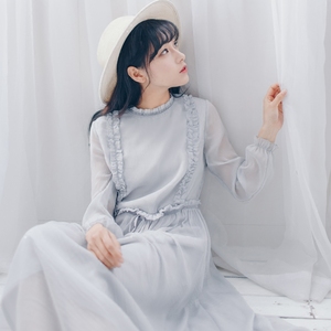 甜美真丝皱长袖春清新连衣裙