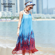 连衣裙 裙印花度假无袖 圣坦尼纳2017夏新品 真丝吊带背心 SANTANINA