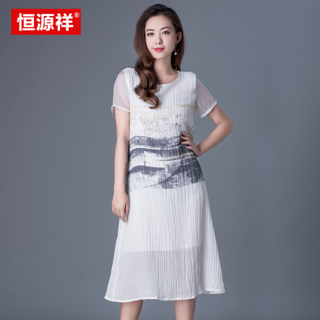 恒源祥2017新款夏装棉麻连衣裙中长款中国风印花宽松亚麻女装裙子商品大图