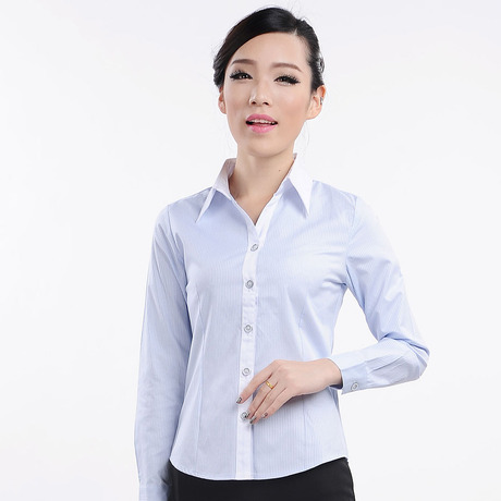 蓝白色竖条纹职业衬衫女长袖棉早秋季韩版工作服工装正装衬衣女装商品大图