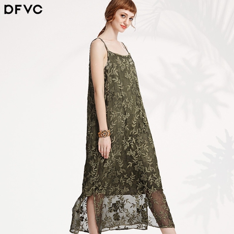 dfvc2019夏季新款优雅气质吊带连衣裙真丝绣花中长裙时尚开叉裙摆商品大图