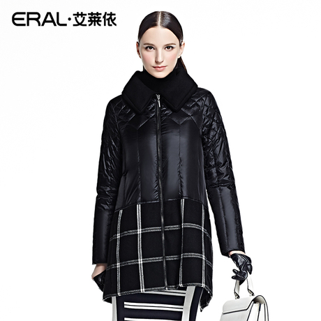 ERAL/艾莱依冬女装修身时尚POLO领格子拼接中长款羽绒服6047D-QC商品大图