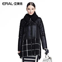 ERAL/艾莱依冬女装修身时尚POLO领格子拼接中长款羽绒服6047D-QC图片