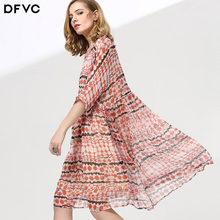 dfvc2019夏季新款时尚真丝印花连衣裙落肩袖压褶显瘦桑蚕丝a字裙图片
