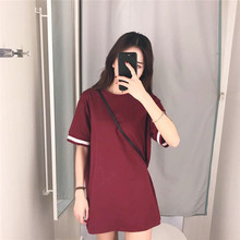 夏季新款港味宽松显瘦百搭女短袖T恤袖口拼接中长款上衣女连衣裙