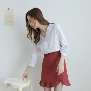 七分袖衬衫女娃娃衫温柔风V领上衣