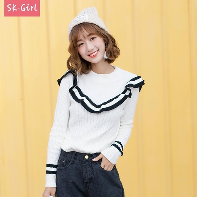 Skgirl春季ins新款打底紧身毛衣女保暖宽领白色软妹小清新港味