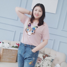 T恤 新款 女装 洋气心机上衣亮片印花亮丝减龄短袖 2018胖mm夏装 大码