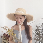 拉菲草帽女夏大沿蕾丝绑带帽子小清新海边遮阳防晒海滩度假沙滩帽