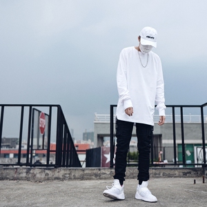 欧美高街前后开叉纯色中长款打底衫男女BF风圆弧下摆宽松长袖T恤