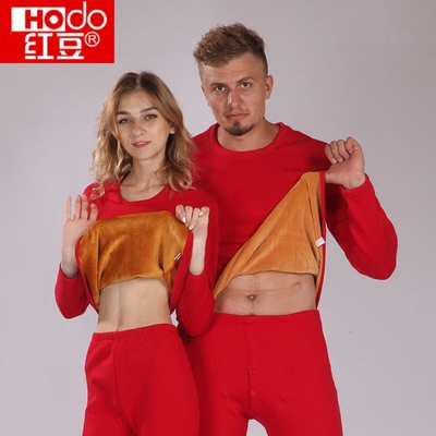 Hodo/红豆男女加绒加厚保暖内衣大红本命年结婚加大加肥冬季套装