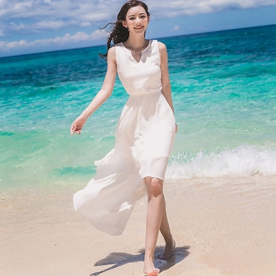 夏季女新款长裙白色燕尾裙雪纺连衣裙波西米亚长裙海边度假沙滩裙