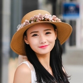 草帽女夏韩版手工花环遮阳帽女防晒沙滩帽度假可折叠太阳帽子批发