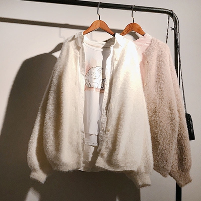 纯色毛绒毛衣开衫女秋装2018新款加厚马海毛针织外套秋冬宽松韩版