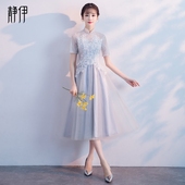伴娘服中长款2018夏季新款伴娘礼服姐妹团灰色修身婚礼晚礼服裙女