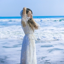 吊带两件套 JJAY大叔梦幻海滩白色仙女公主长裙欧根纱连帽绑带披衫