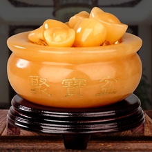 客厅玄关吉祥物 黄玉聚宝盆九星转运摆件风水转动德明风水招财