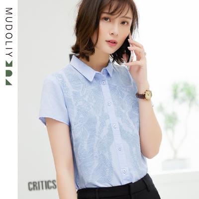 米多立棉麻短袖白衬衫女夏装2018新款宽松显瘦方领绣花休闲上衣
