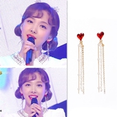 韩国Twice林娜琏同款 红钻爱心钻链流苏水晶流苏长链耳钉耳夹M10