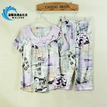 41419 圆领睡衣奢华休闲家居服套装 夏季女式丝绸短袖 玉茄子正品