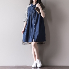 宽松中长款 开衫 连衣裙 五分袖 女夏季新品 牧一复古文艺条纹棉麻衬衫