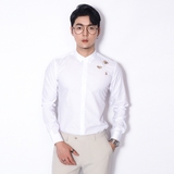 川泽薄款蜜蜂刺绣白衬衫男夏季韩版修身长袖上衣时尚暗门襟衬衣潮