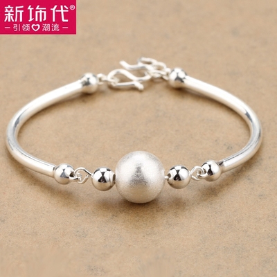 s990银手镯女纯银磨砂韩版开口简约转运珠手链饰品送女友生日礼物