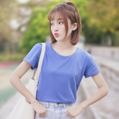 帛卡琪2018新款简约学生纯色上衣宽松打底衫短袖蓝色纯棉t恤女夏