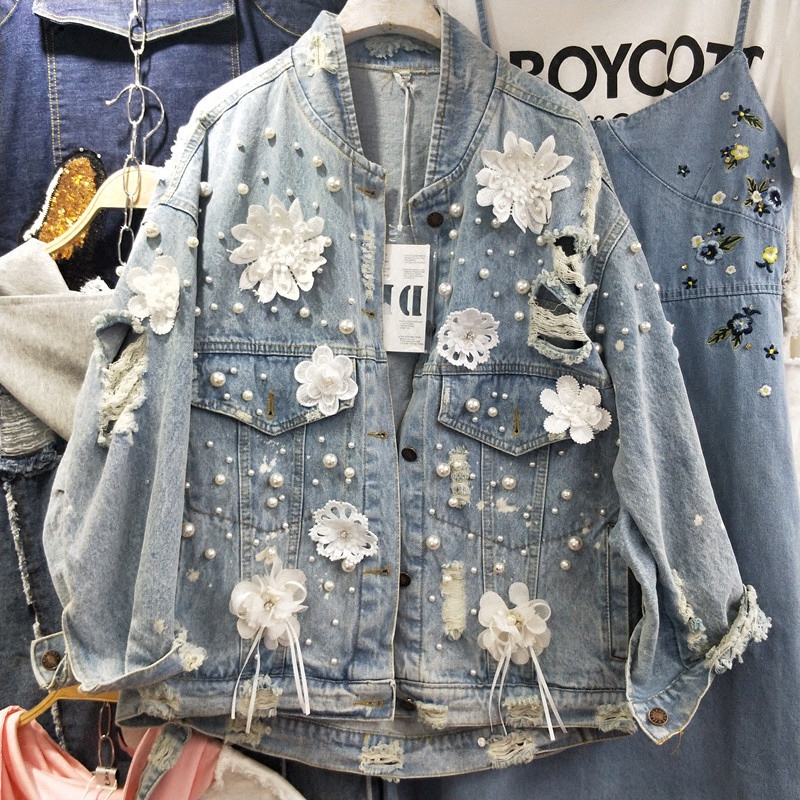 欧洲站春装女2018新款欧货潮港风拼蕾丝破洞