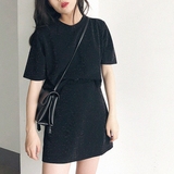 夏季新款复古chic亮晶晶宽松T恤+百搭高腰松紧腰半身裙港风套装女