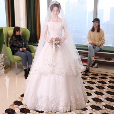 婚纱礼服2018新款简约新娘结婚韩版一字肩公主齐地梦幻显瘦拖尾女
