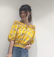 格纹衬衫 上衣 交叉褶皱松紧领 18夏海报款 娇柔美感 释放你
