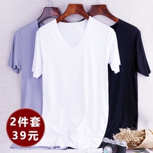 【天天特价】夏季V领冰丝无痕短袖t恤男士修身弹力半袖上衣服男装