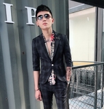 2018外套男士发型师小西装条纹修身七分袖西服男一套装中袖薄款潮
