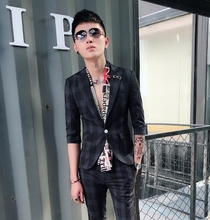 薄款 条纹修身 七分袖 中袖 发型师小西装 西服男一套装 2018外套男士