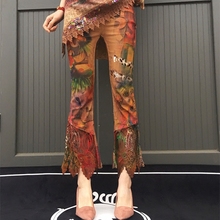 子女 欧版显瘦喇叭裤 欧货花色弹力拼蕾丝打底裤 欧洲站2018夏季新款