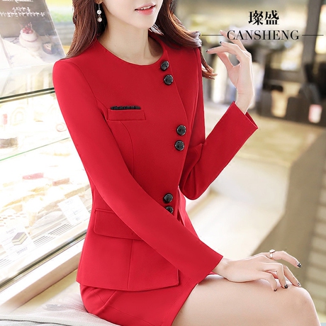职业套装女装秋冬美容院工作服师养生酒店前台红色空姐制服套裙子商品大图