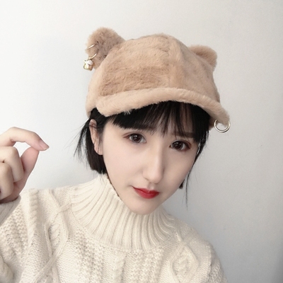 韩版新款招财猫毛绒帽可爱猫耳朵棒球帽子女秋冬保暖铁环鸭舌帽潮