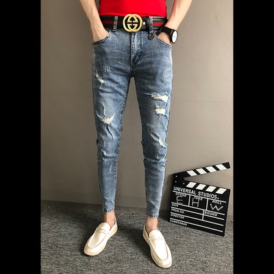 夏季潮男修身破洞牛仔小脚裤社会精神小伙裤子快手红人同款九分裤